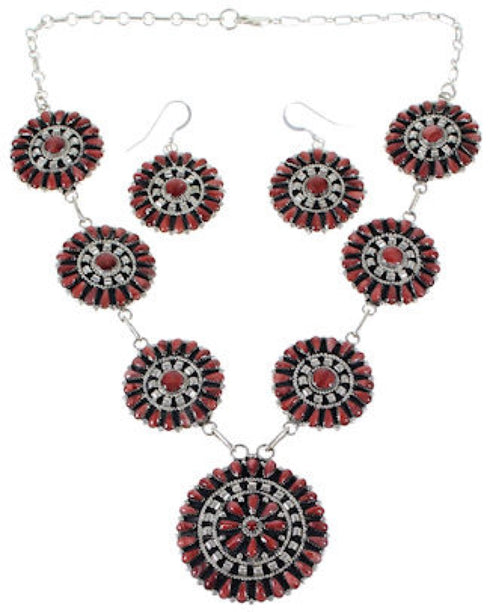 Red Oyster Shell Authentic Sterling Silver Link Necklace Earrings Set NS28711